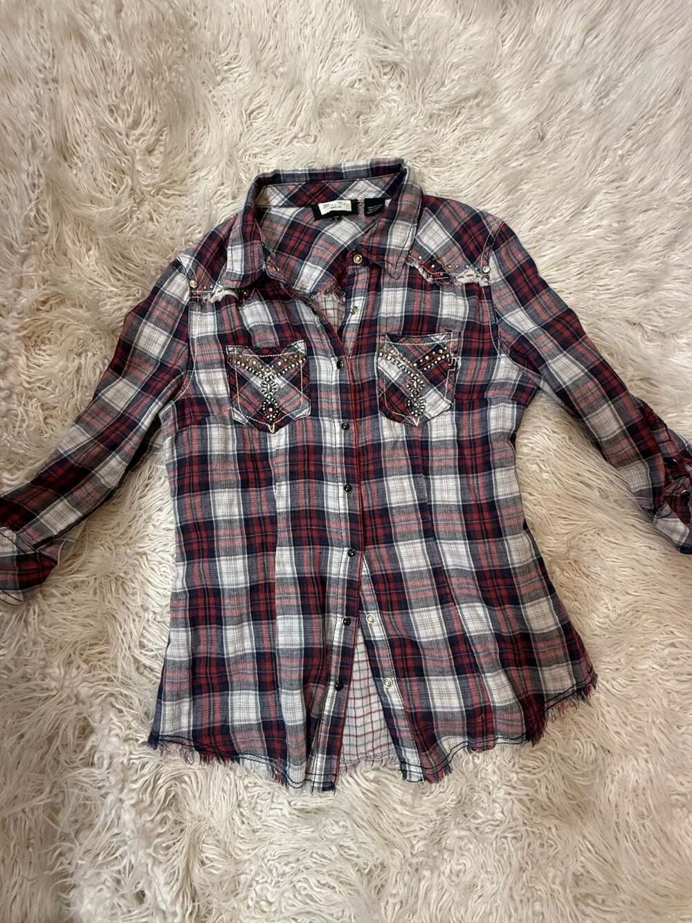 Miss Me Large Plaid Button-Up Shirt with Embellished Pockets